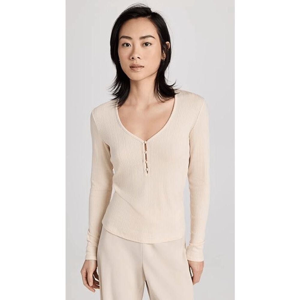 Vince $225 Women’s V-Neck Henley Ribbed Top Birch Medium NEW